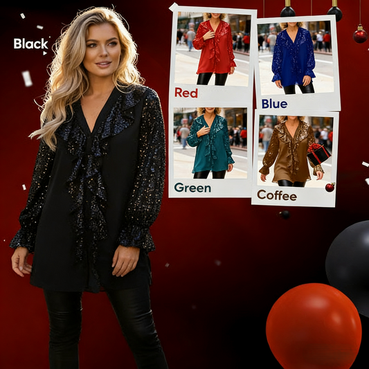 ✨Women's V-Neck Chiffon Sequin Long Sleeve Shirt🎁