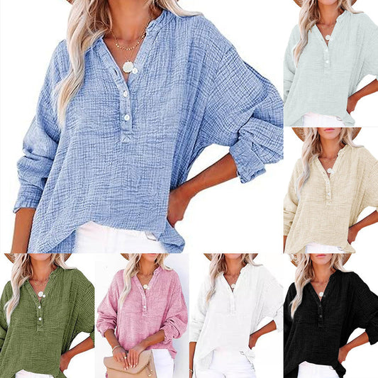 🏆🏆🔥Hot Sale 50%🔥🌸🌸Women’s Casual Gauze Button Neck Long Sleeve Blouse