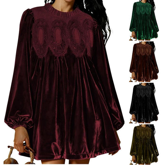 🎉HOLIDAY HAUL SALE👗Womens A-Line Velvet Lace Overall Pleated Babydoll Mini Dress
