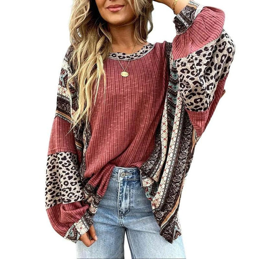 🔥Hot Sale 50% OFF🎁Womens Loose fit Long Sleeve Oversized Retro Leopard Contrast Patchwork Top