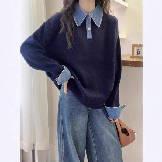 ✨Women Laple Collar Denim Patchwork Sweater Casual Top🎁