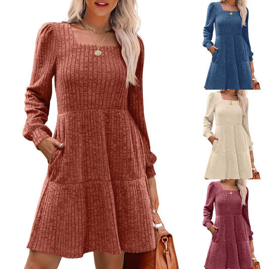 🔥👗2025 Autumn Women's Soft Ribbed Square Neck Dress