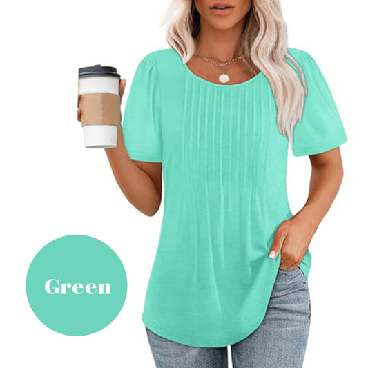 🍀Summer Sale 50% OFF👚Women's Round Neck Short Sleeve Pleated T-Shirt