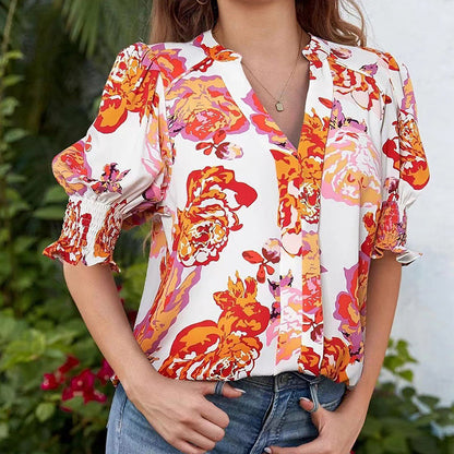 💥Summer Sale 50% Off🎁☀️🌺Floral V-neck Puff Sleeve Blouse For Women