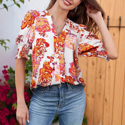 💥Summer Sale 50% Off🎁☀️🌺Floral V-neck Puff Sleeve Blouse For Women
