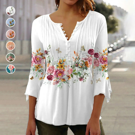 🩷Summer Sale 49% Off🔥Women's Floral Button V-Neck Pleated 3/4 Sleeve T-Shirt
