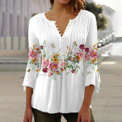 🩷Summer Sale 49% Off🔥Women's Floral Button V-Neck Pleated 3/4 Sleeve T-Shirt