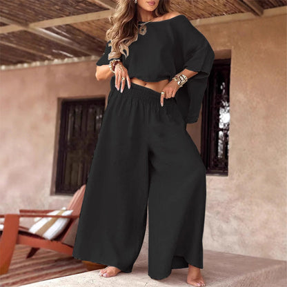 🌞Summer Sale 50% OFF💕Women's Causal Off Shoulder Top ＆ Wide-Leg Pants Two-Piece Set