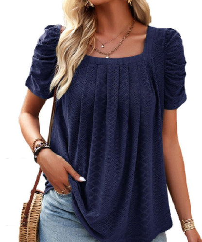 🔥Hot Sale 49%💥Women's Hollow Pleated Short Sleeves Square Neck Knit T Shirts Tops