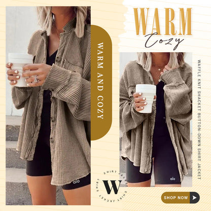💕🧥Hot Sale 50%OFF🎀Women's Waffle Knit Shacket Button-Down Shirt Jacket